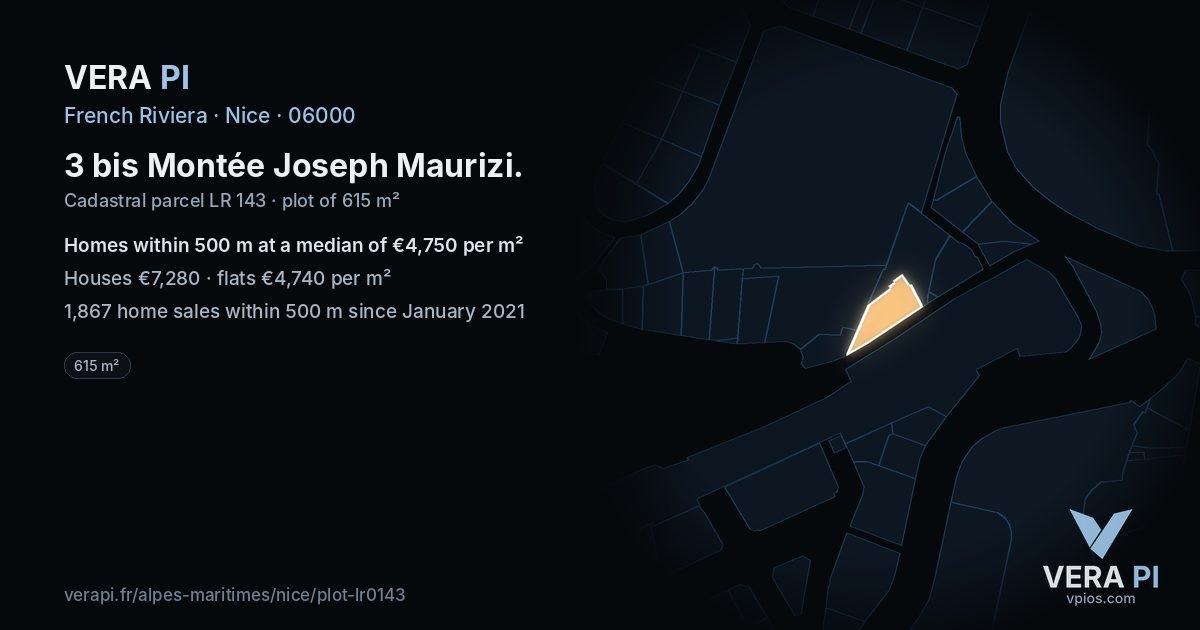 3 bis Montée Joseph Maurizi, Nice at night – the plot lit, the parcels around coloured by the prices near them