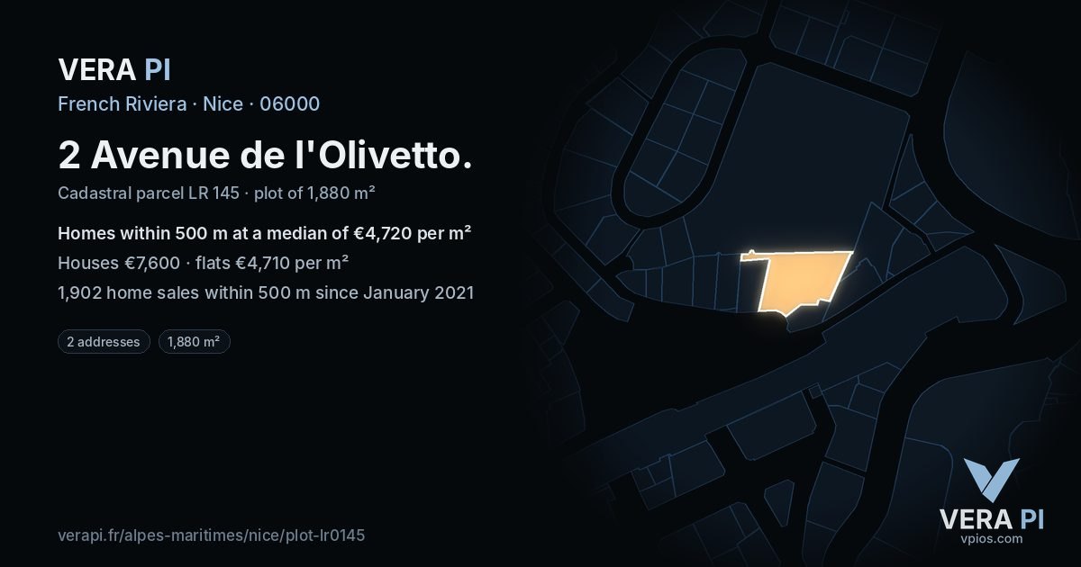 2 Avenue de l'Olivetto, Nice at night – the plot lit, the parcels around coloured by the prices near them