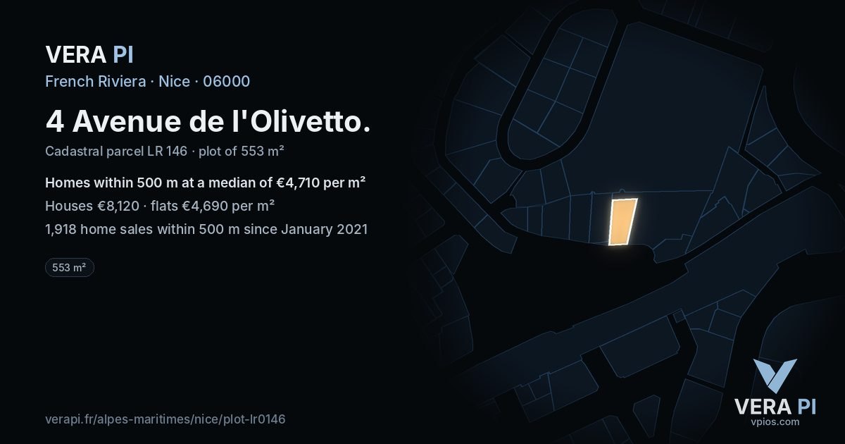 4 Avenue de l'Olivetto, Nice at night – the plot lit, the parcels around coloured by the prices near them