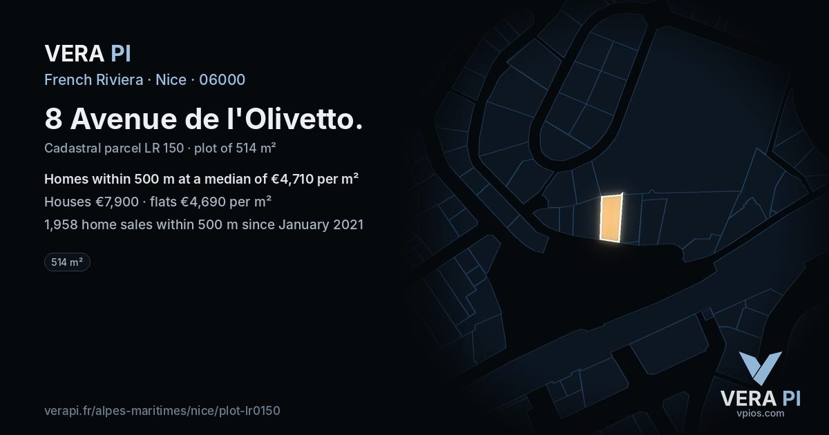 8 Avenue de l'Olivetto, Nice at night – the plot lit, the parcels around coloured by the prices near them