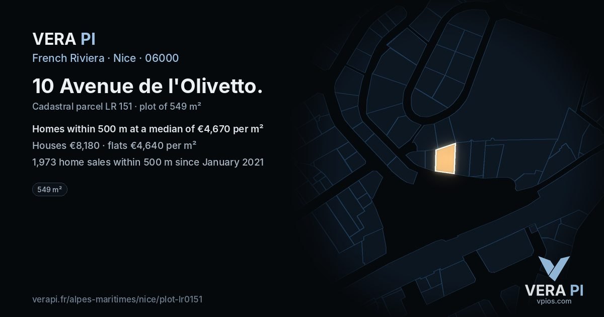 10 Avenue de l'Olivetto, Nice at night – the plot lit, the parcels around coloured by the prices near them