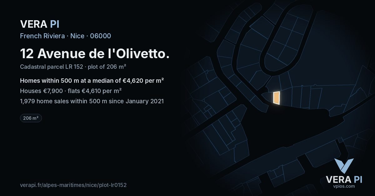 12 Avenue de l'Olivetto, Nice at night – the plot lit, the parcels around coloured by the prices near them