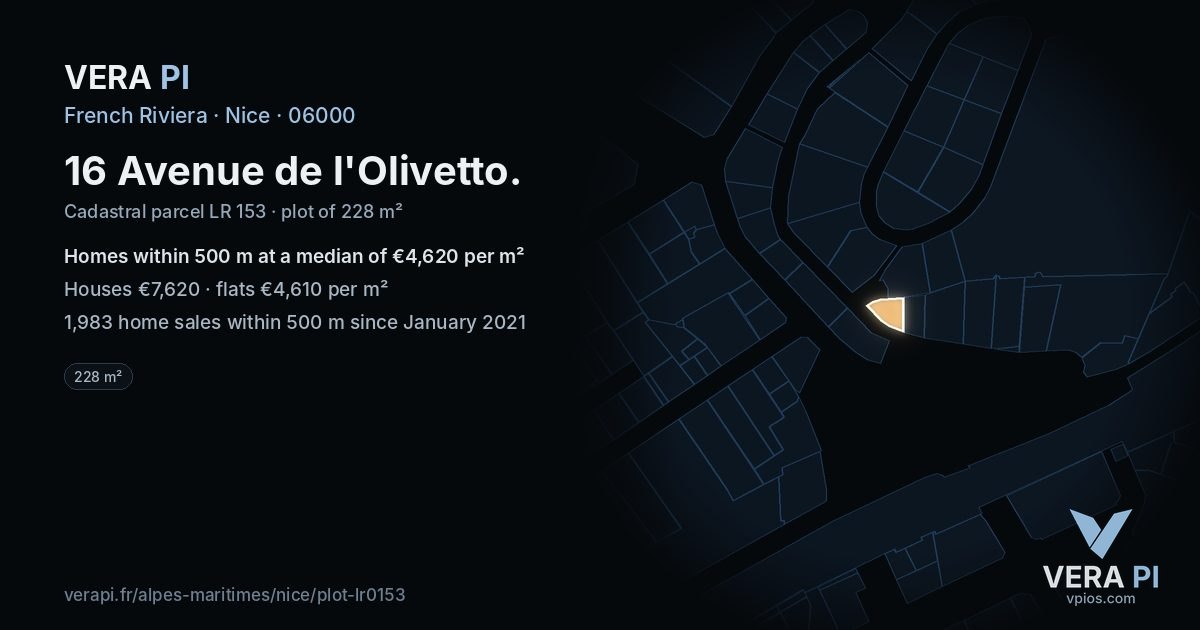 16 Avenue de l'Olivetto, Nice at night – the plot lit, the parcels around coloured by the prices near them