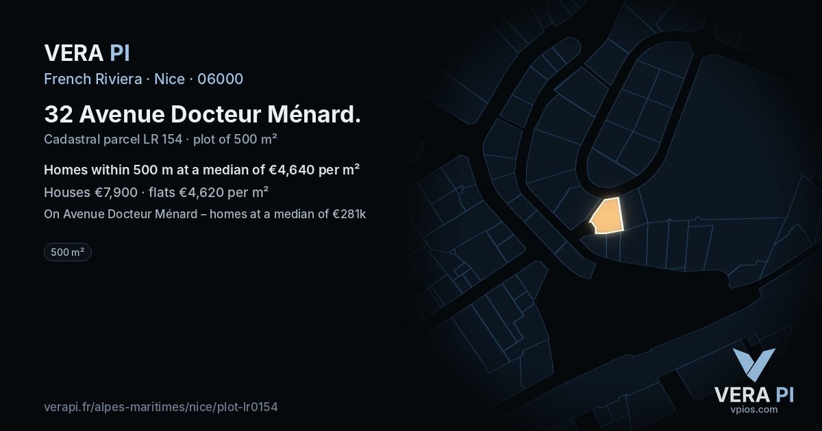 32 Avenue Docteur Ménard, Nice at night – the plot lit, the parcels around coloured by the prices near them