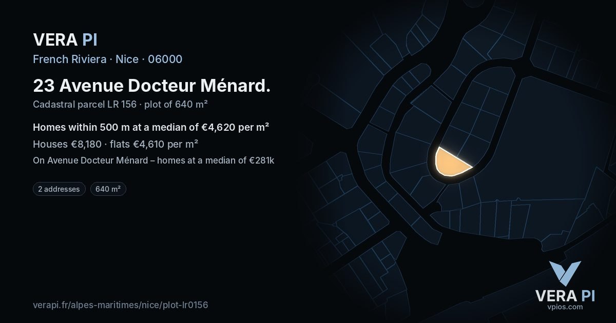 23 Avenue Docteur Ménard, Nice at night – the plot lit, the parcels around coloured by the prices near them