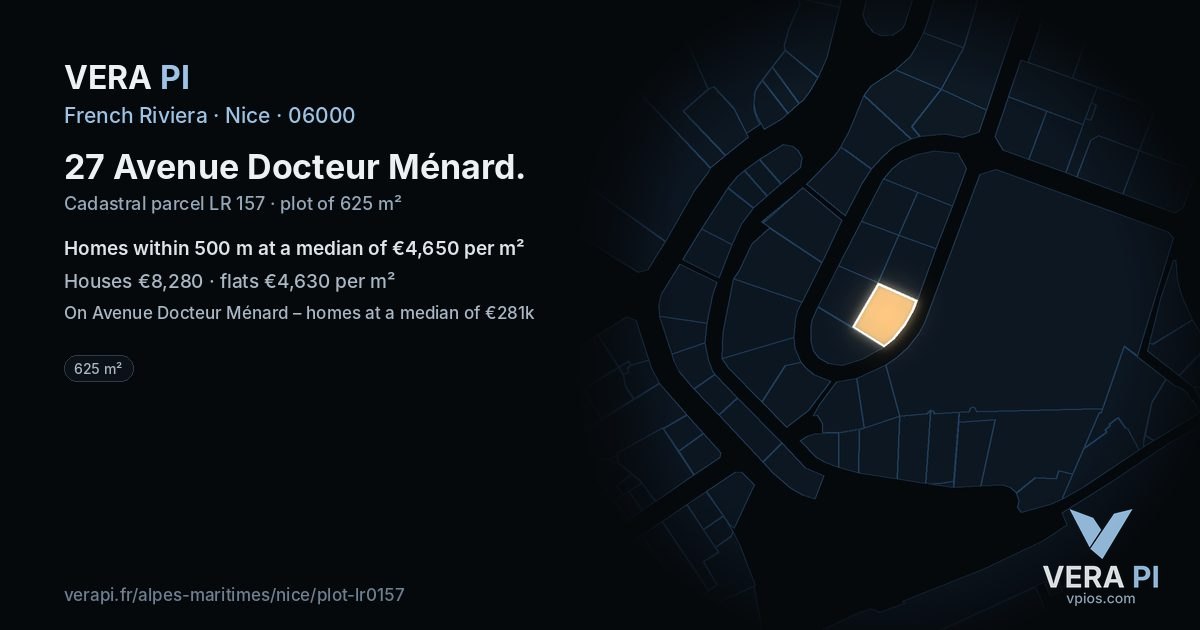 27 Avenue Docteur Ménard, Nice at night – the plot lit, the parcels around coloured by the prices near them
