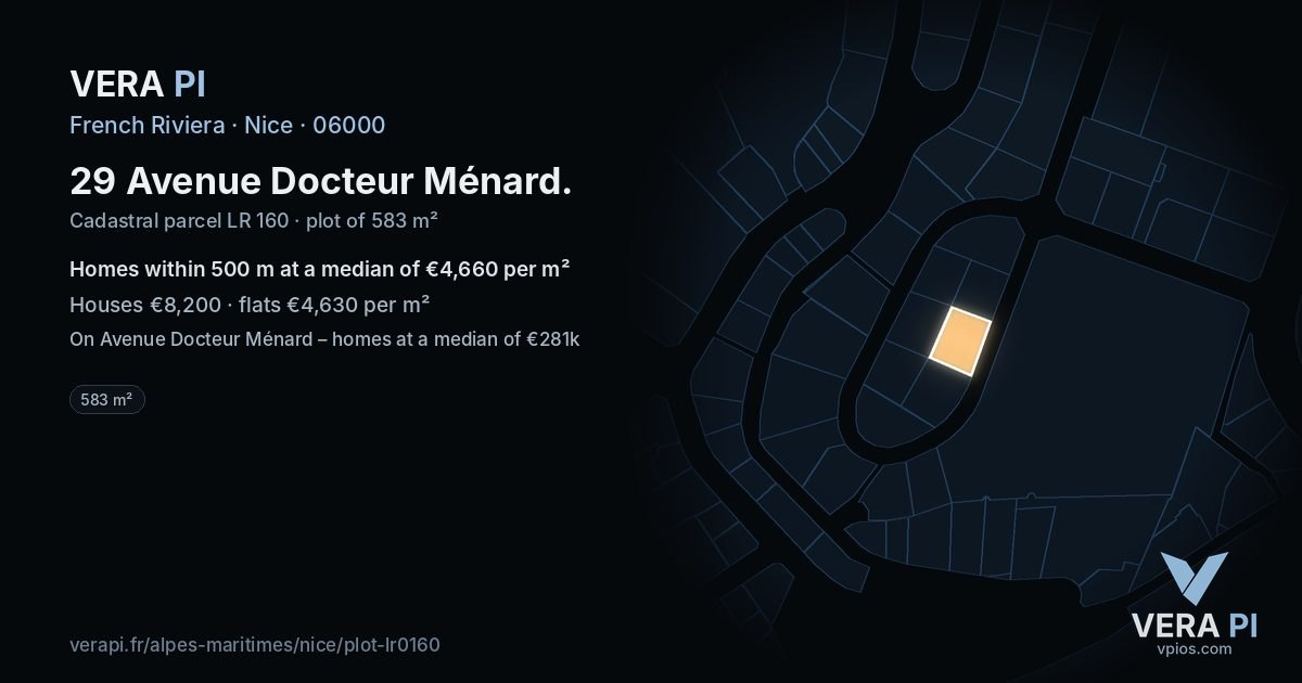 29 Avenue Docteur Ménard, Nice at night – the plot lit, the parcels around coloured by the prices near them