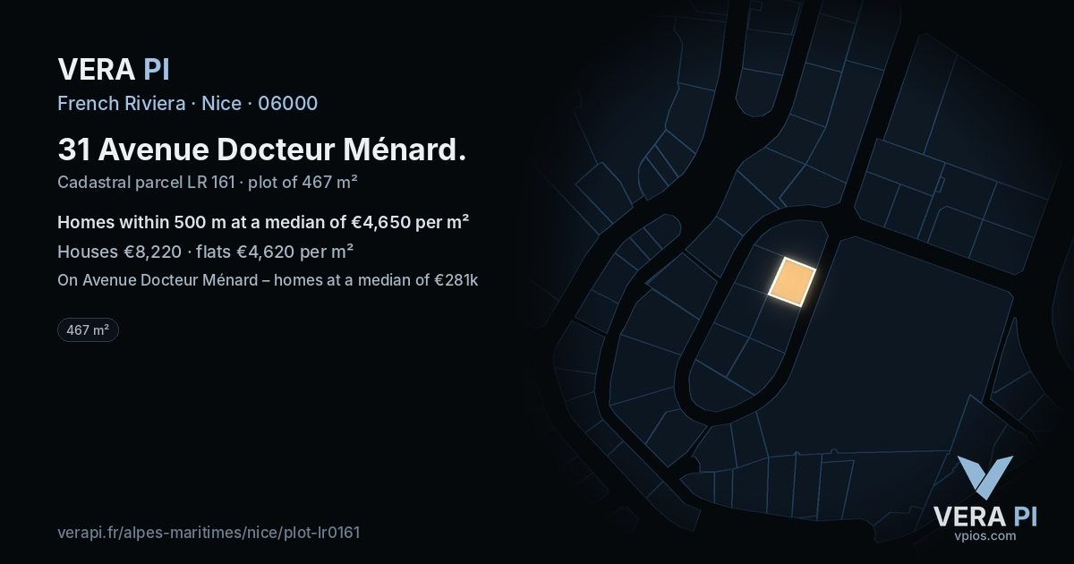 31 Avenue Docteur Ménard, Nice at night – the plot lit, the parcels around coloured by the prices near them