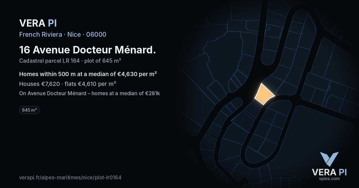 16 Avenue Docteur Ménard, Nice at night – the plot lit, the parcels around coloured by the prices near them