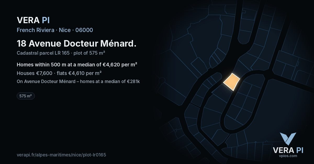 18 Avenue Docteur Ménard, Nice at night – the plot lit, the parcels around coloured by the prices near them