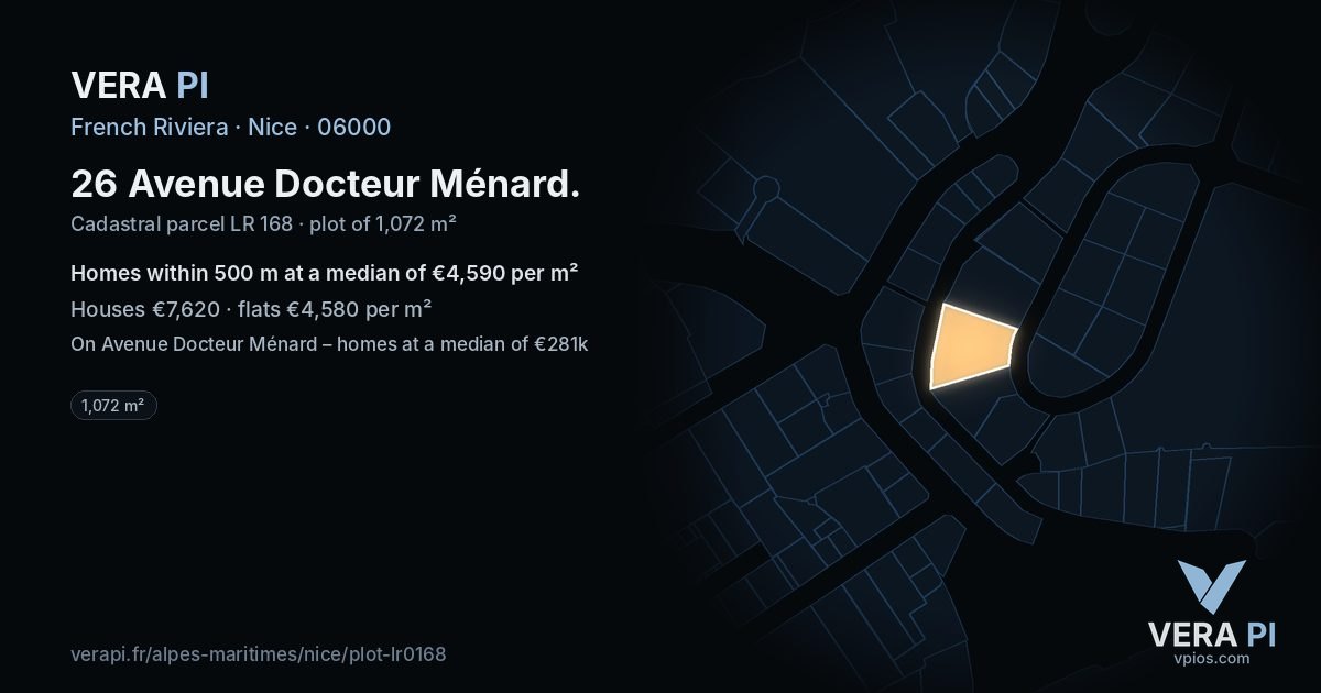 26 Avenue Docteur Ménard, Nice at night – the plot lit, the parcels around coloured by the prices near them