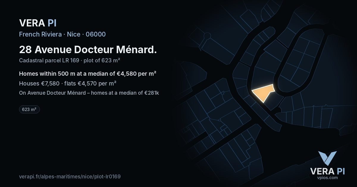 28 Avenue Docteur Ménard, Nice at night – the plot lit, the parcels around coloured by the prices near them