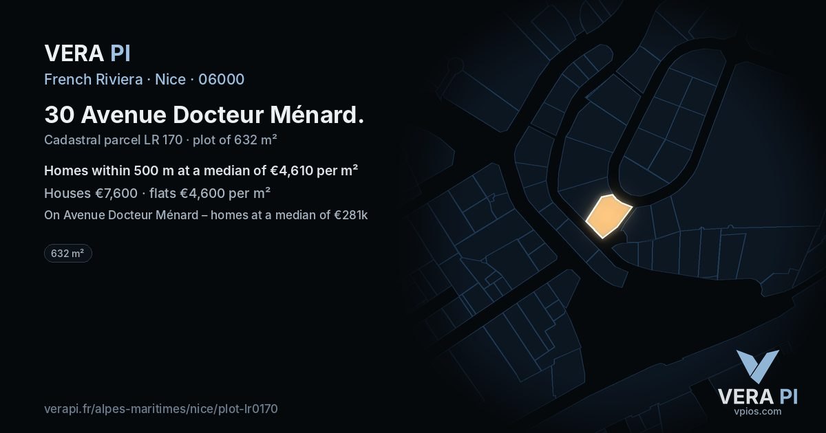 30 Avenue Docteur Ménard, Nice at night – the plot lit, the parcels around coloured by the prices near them