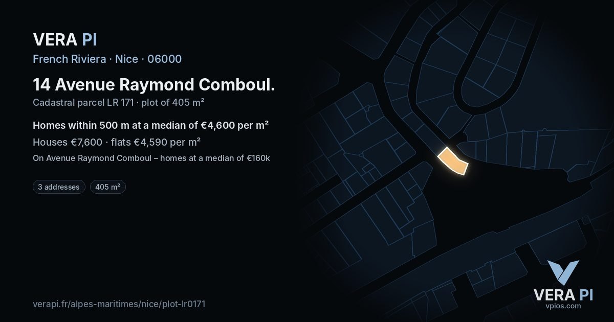 14 Avenue Raymond Comboul, Nice at night – the plot lit, the parcels around coloured by the prices near them