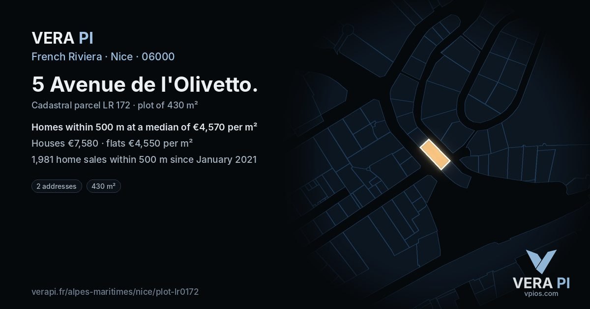 5 Avenue de l'Olivetto, Nice at night – the plot lit, the parcels around coloured by the prices near them