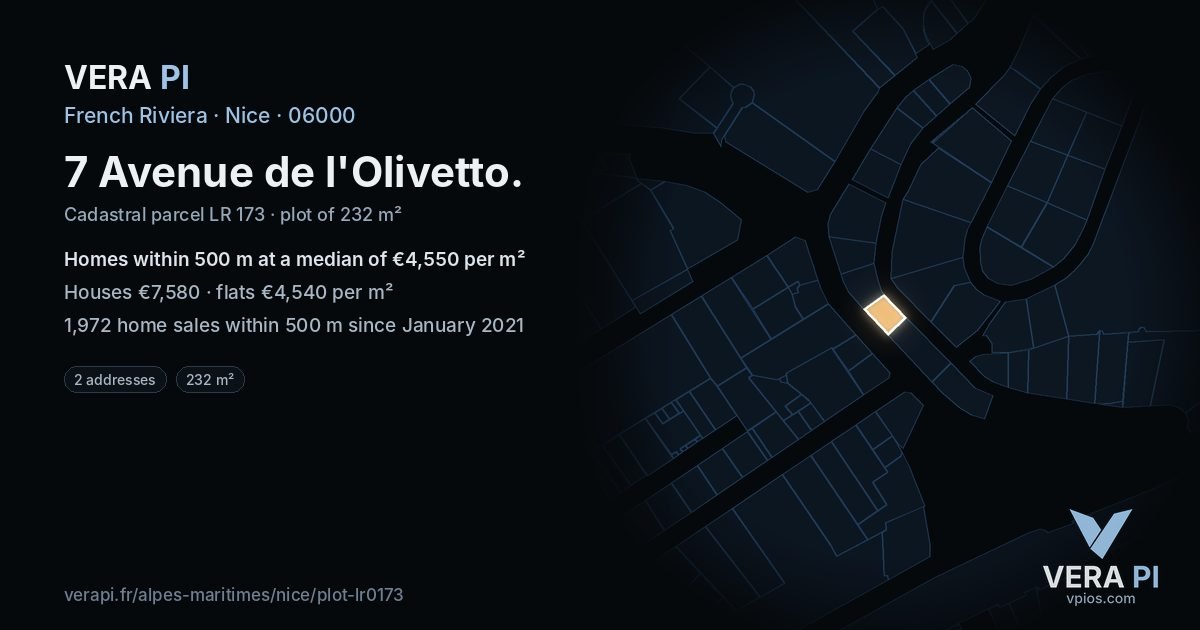 7 Avenue de l'Olivetto, Nice at night – the plot lit, the parcels around coloured by the prices near them