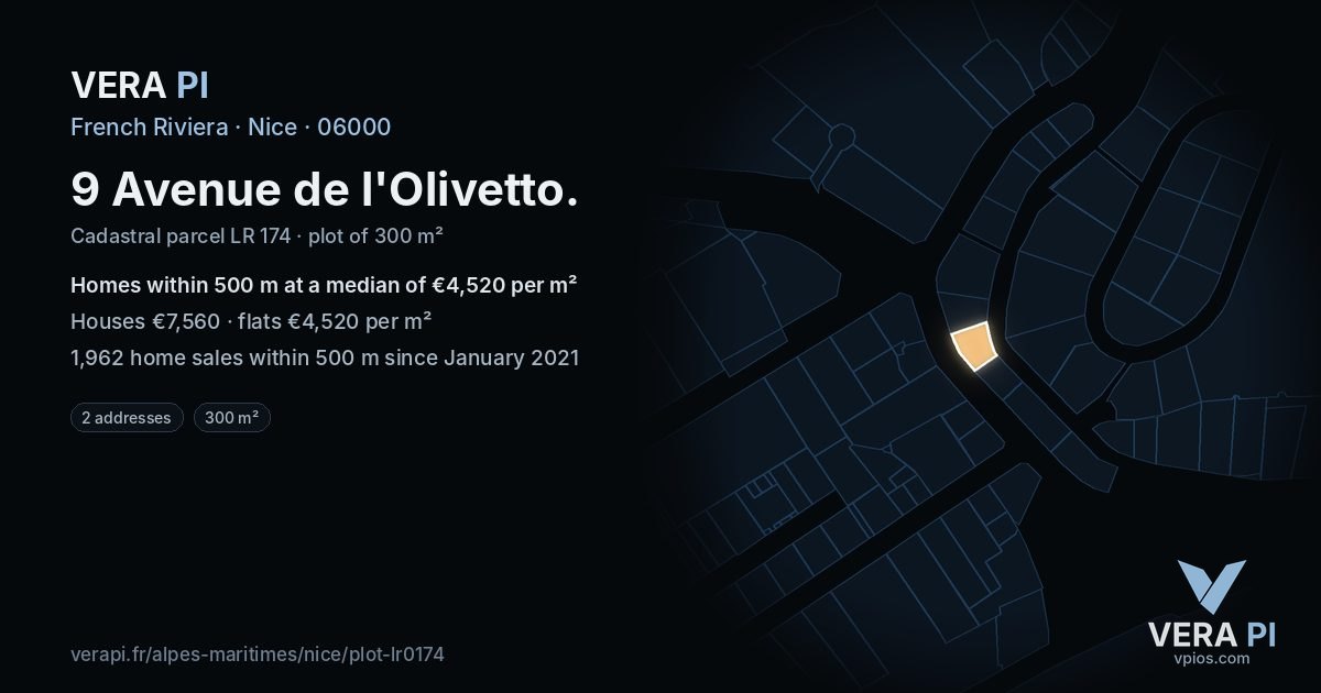 9 Avenue de l'Olivetto, Nice at night – the plot lit, the parcels around coloured by the prices near them