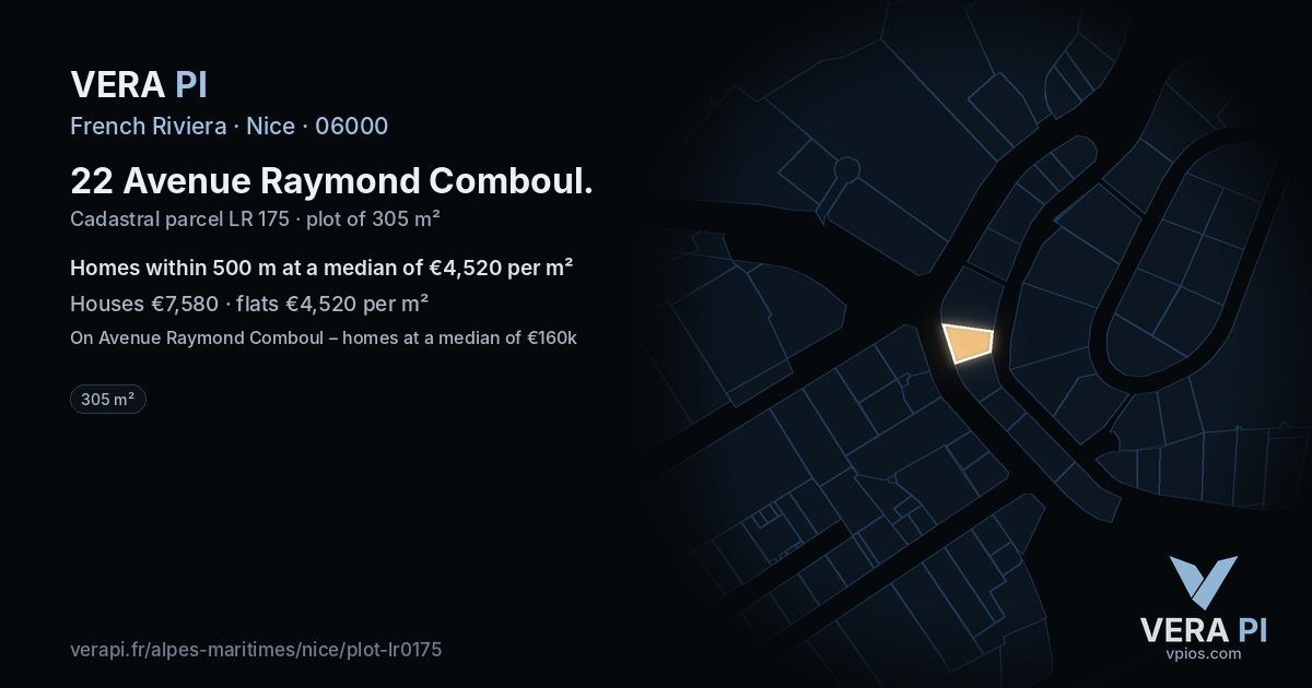 22 Avenue Raymond Comboul, Nice at night – the plot lit, the parcels around coloured by the prices near them