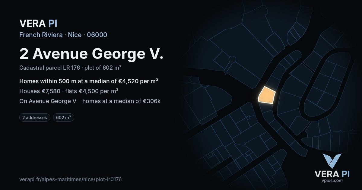 2 Avenue George V, Nice at night – the plot lit, the parcels around coloured by the prices near them