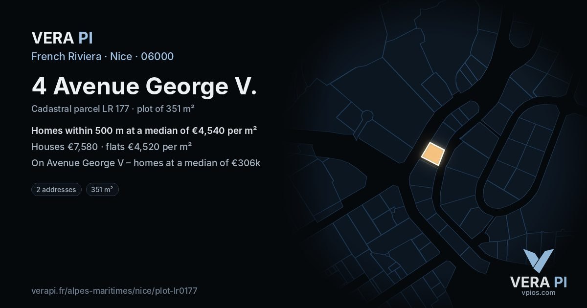 4 Avenue George V, Nice at night – the plot lit, the parcels around coloured by the prices near them