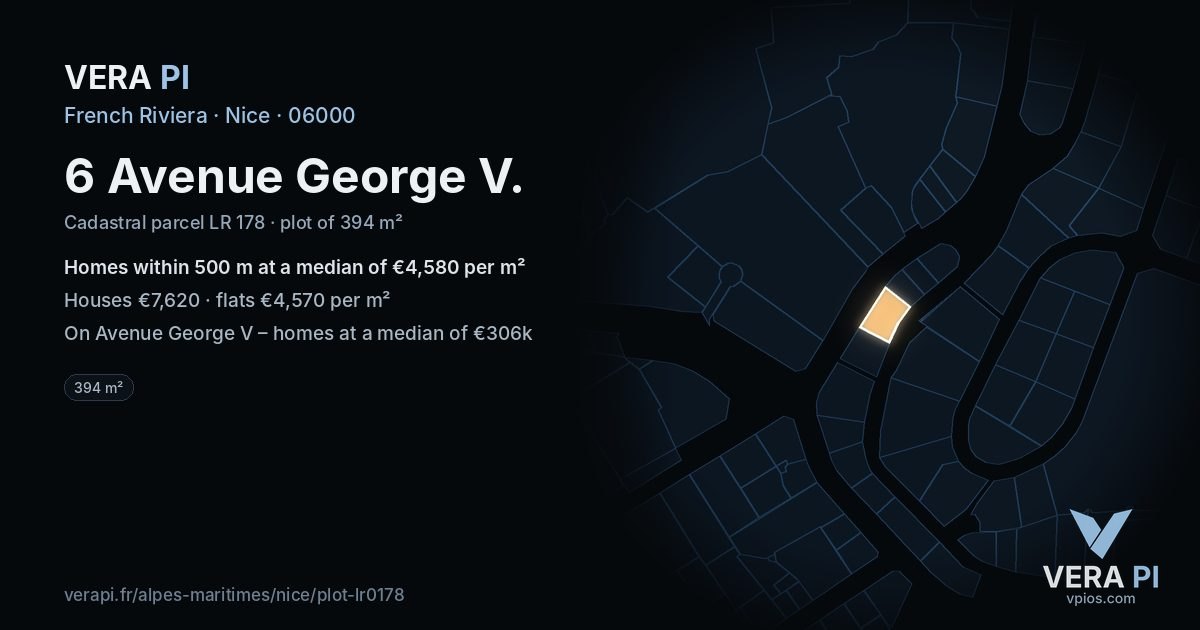 6 Avenue George V, Nice at night – the plot lit, the parcels around coloured by the prices near them