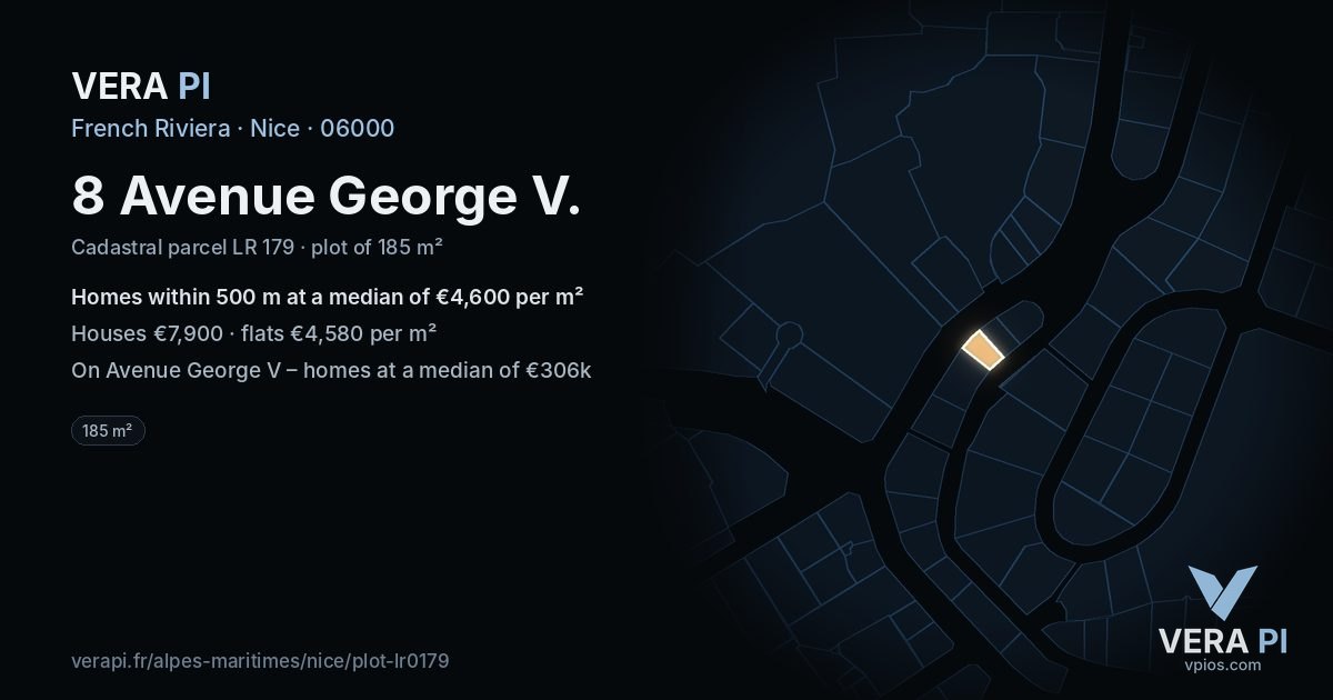 8 Avenue George V, Nice at night – the plot lit, the parcels around coloured by the prices near them