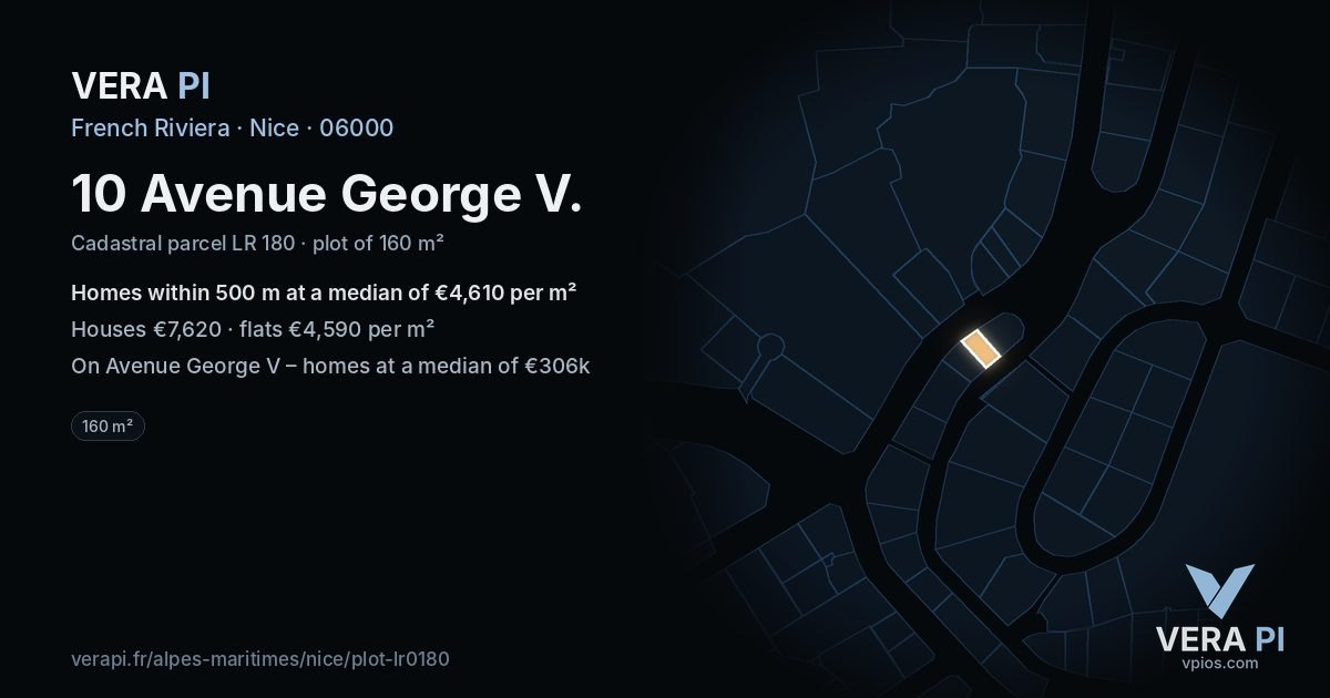 10 Avenue George V, Nice at night – the plot lit, the parcels around coloured by the prices near them