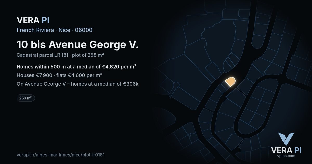 10 bis Avenue George V, Nice at night – the plot lit, the parcels around coloured by the prices near them