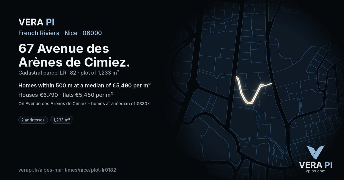 67 Avenue des Arènes de Cimiez, Nice at night – the plot lit, the parcels around coloured by the prices near them