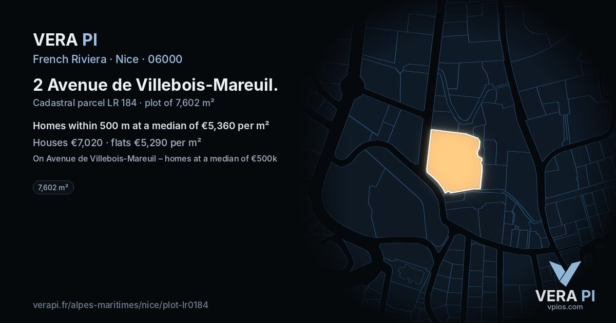 2 Avenue de Villebois-Mareuil, Nice at night – the plot lit, the parcels around coloured by the prices near them