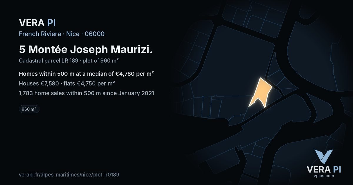 5 Montée Joseph Maurizi, Nice at night – the plot lit, the parcels around coloured by the prices near them