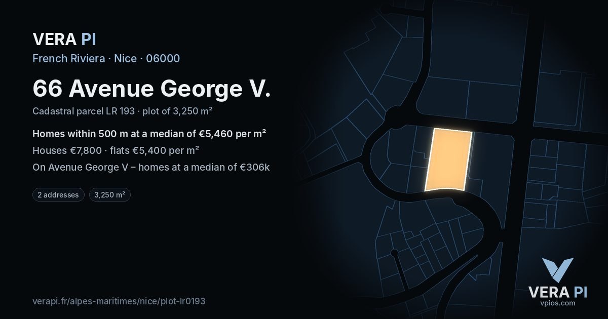 66 Avenue George V, Nice at night – the plot lit, the parcels around coloured by the prices near them