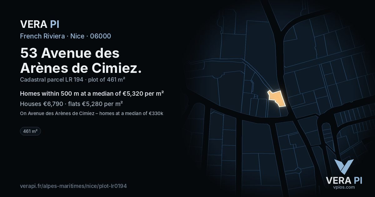 53 Avenue des Arènes de Cimiez, Nice at night – the plot lit, the parcels around coloured by the prices near them