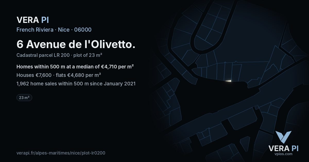 6 Avenue de l'Olivetto, Nice at night – the plot lit, the parcels around coloured by the prices near them