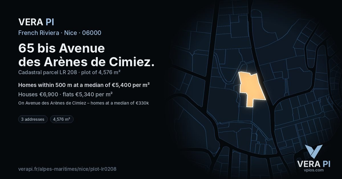 65 bis Avenue des Arènes de Cimiez, Nice at night – the plot lit, the parcels around coloured by the prices near them