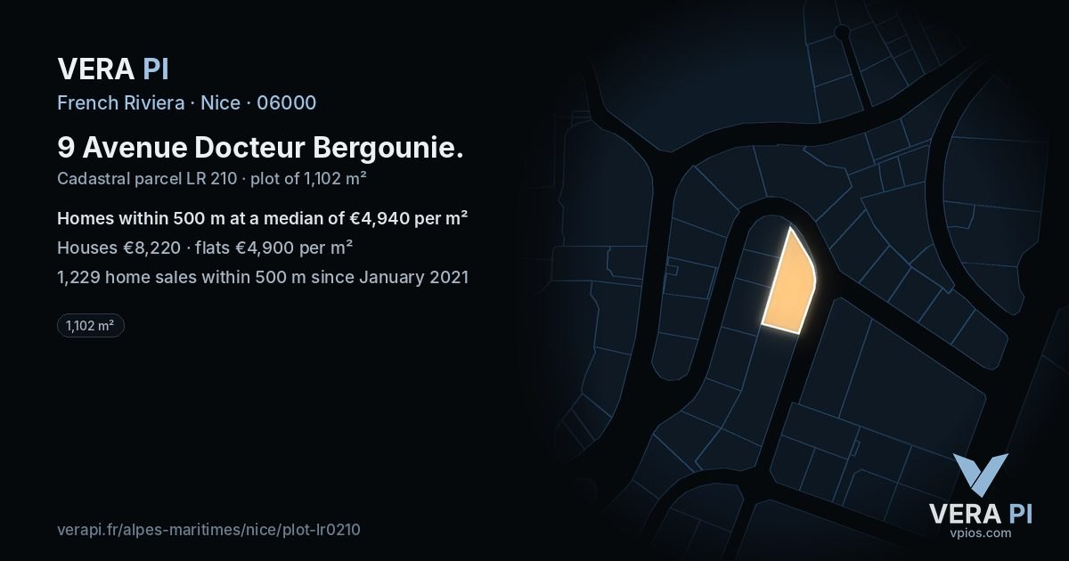 9 Avenue Docteur Bergounie, Nice at night – the plot lit, the parcels around coloured by the prices near them