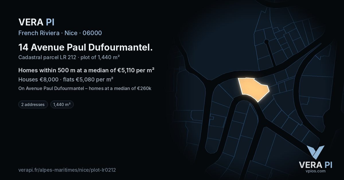 14 Avenue Paul Dufourmantel, Nice at night – the plot lit, the parcels around coloured by the prices near them