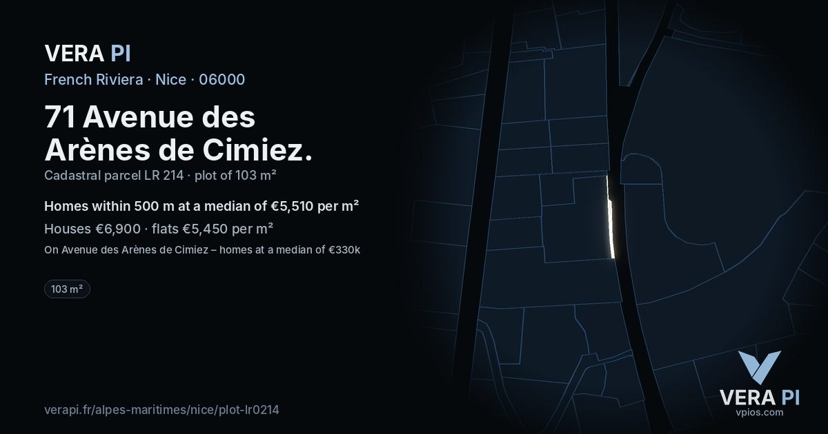 71 Avenue des Arènes de Cimiez, Nice at night – the plot lit, the parcels around coloured by the prices near them