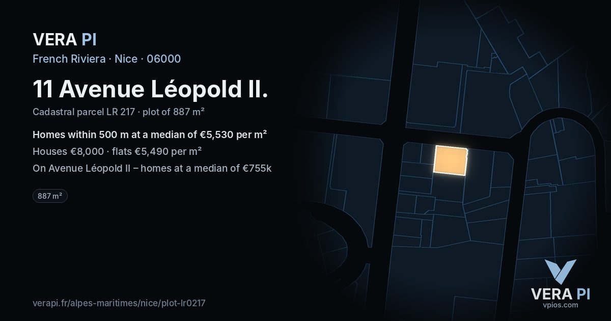 11 Avenue Léopold II, Nice at night – the plot lit, the parcels around coloured by the prices near them