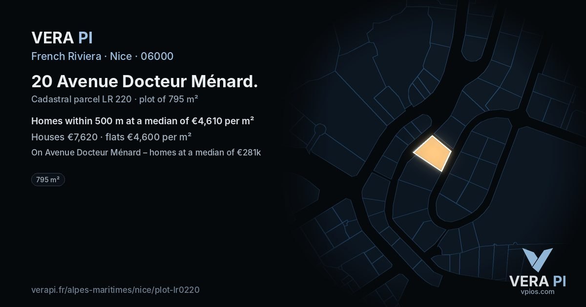 20 Avenue Docteur Ménard, Nice at night – the plot lit, the parcels around coloured by the prices near them