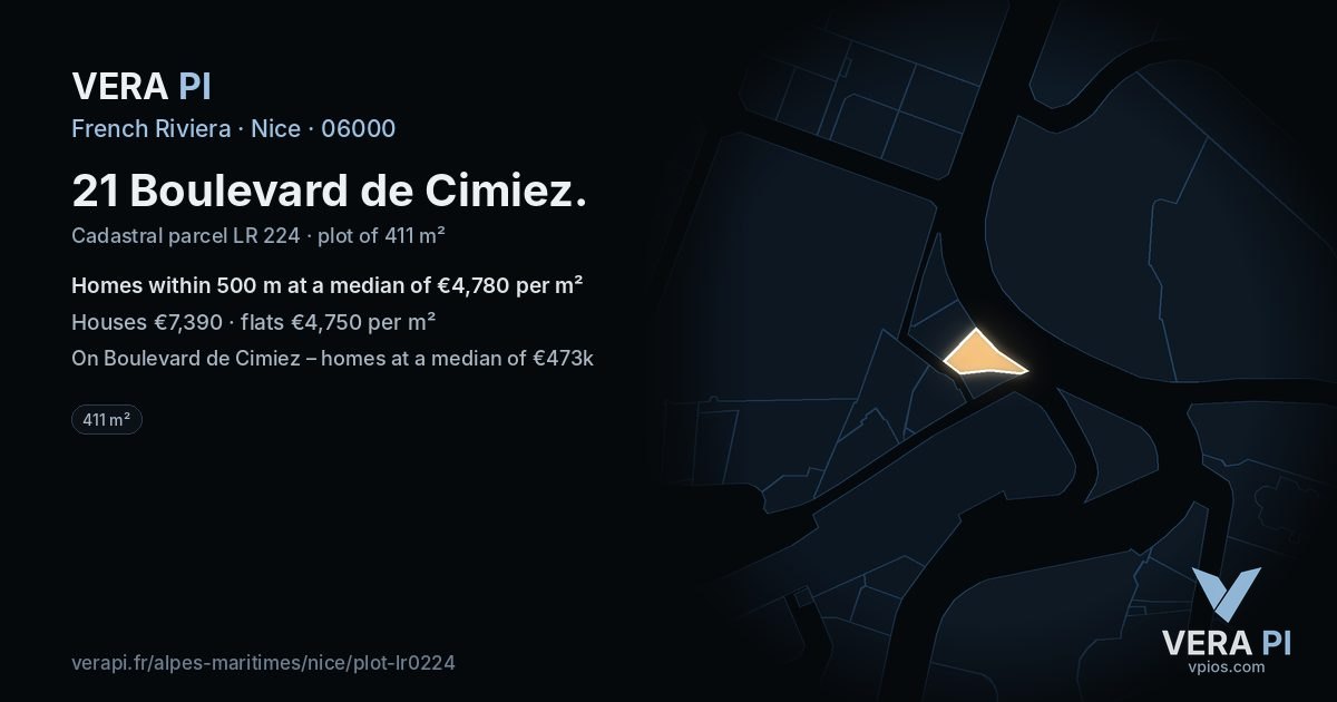 21 Boulevard de Cimiez, Nice at night – the plot lit, the parcels around coloured by the prices near them