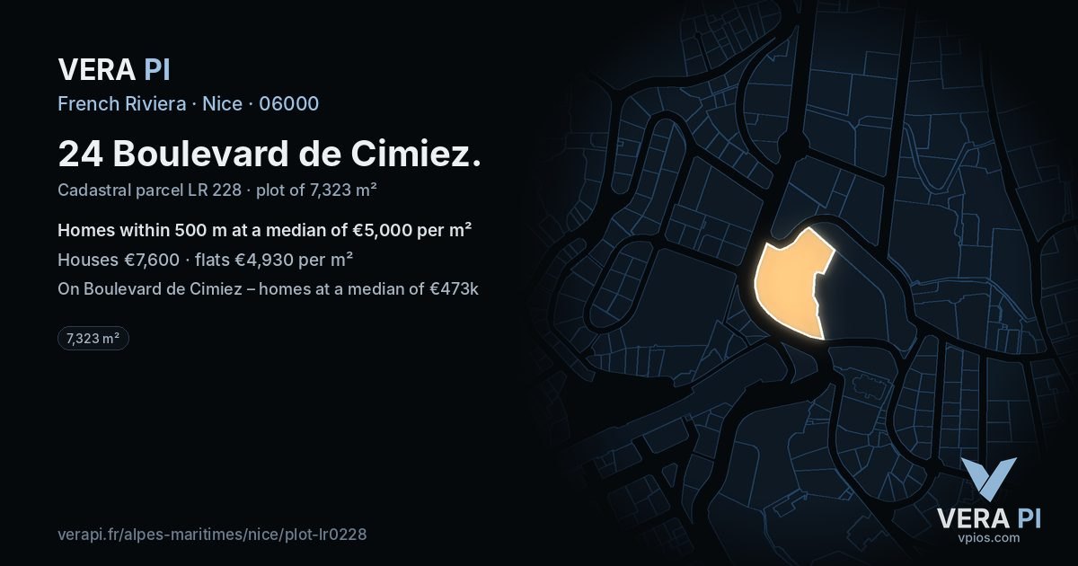 24 Boulevard de Cimiez, Nice at night – the plot lit, the parcels around coloured by the prices near them