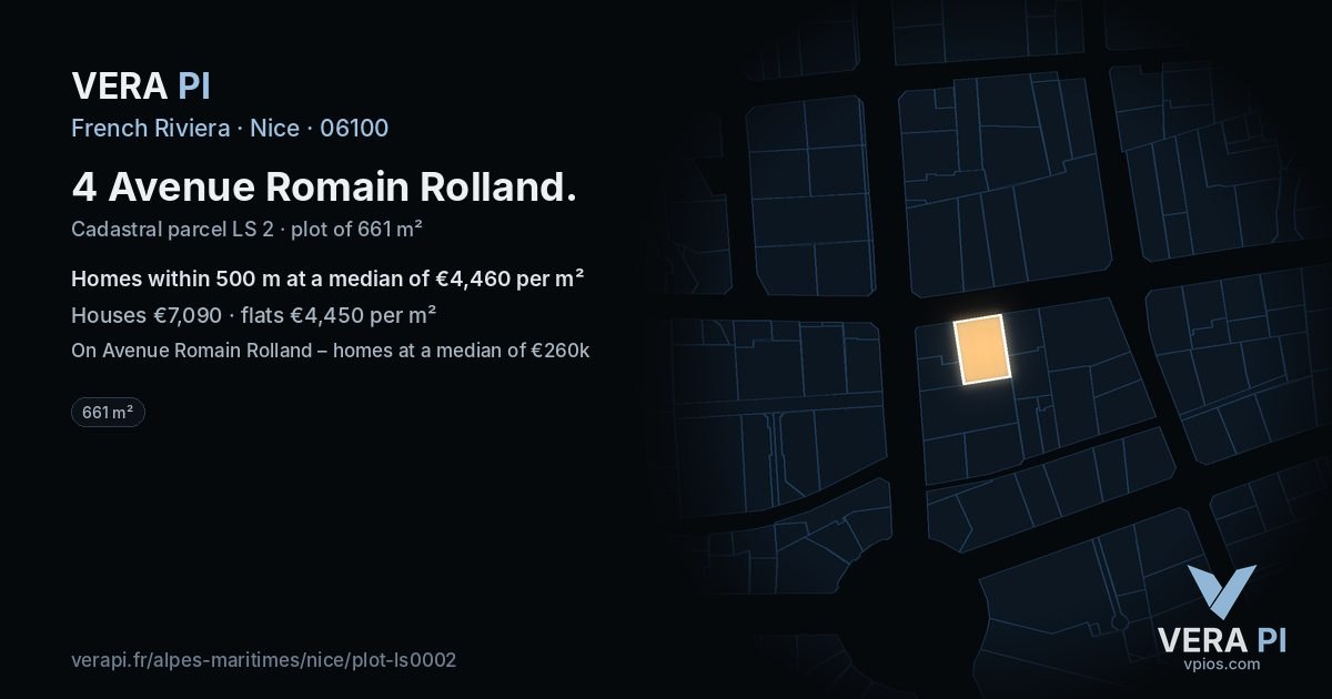 4 Avenue Romain Rolland, Nice at night – the plot lit, the parcels around coloured by the prices near them
