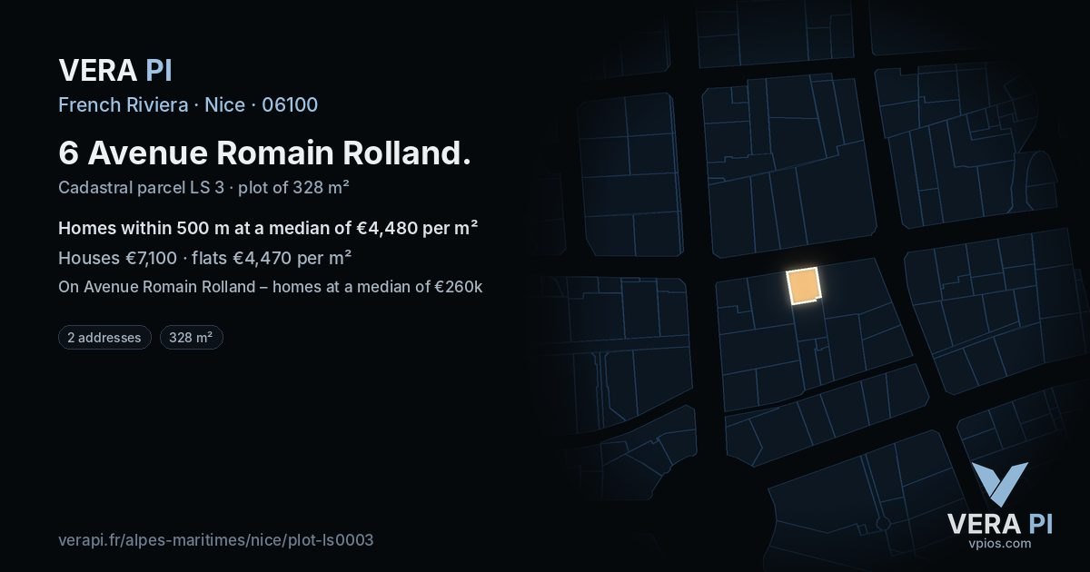 6 Avenue Romain Rolland, Nice at night – the plot lit, the parcels around coloured by the prices near them