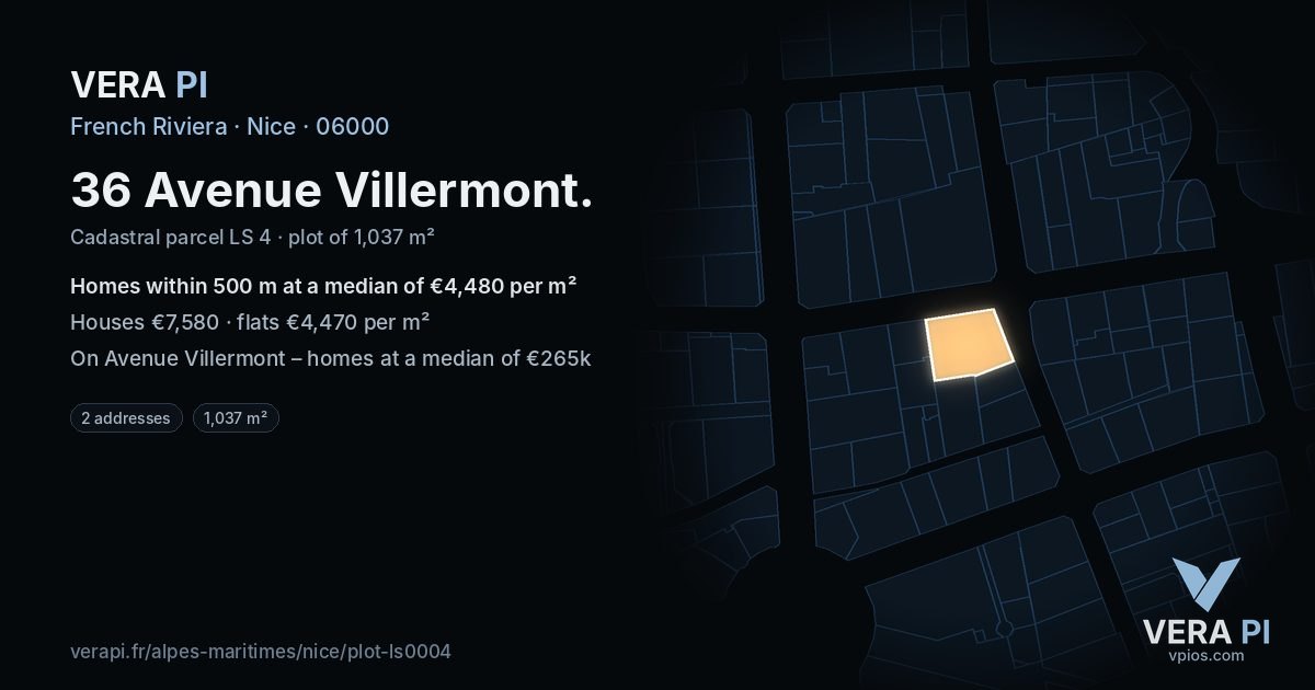 36 Avenue Villermont, Nice at night – the plot lit, the parcels around coloured by the prices near them