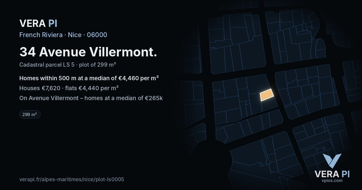 34 Avenue Villermont, Nice at night – the plot lit, the parcels around coloured by the prices near them