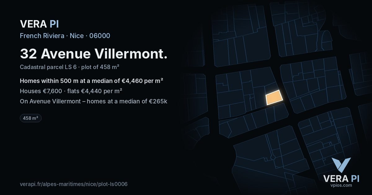 32 Avenue Villermont, Nice at night – the plot lit, the parcels around coloured by the prices near them