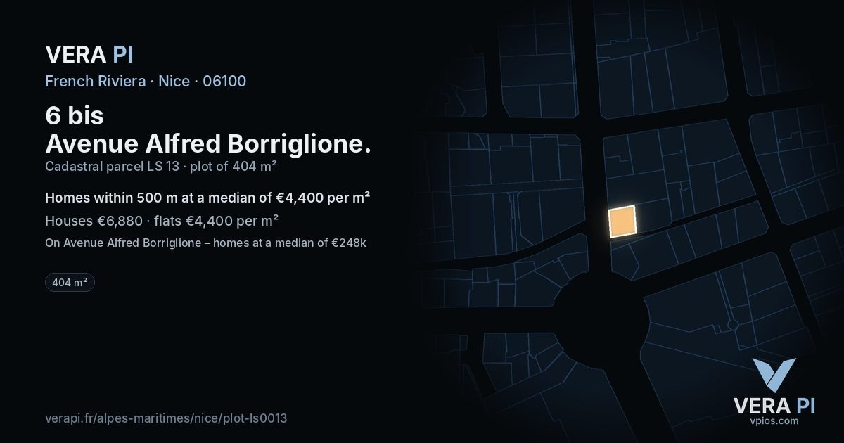 6 bis Avenue Alfred Borriglione, Nice at night – the plot lit, the parcels around coloured by the prices near them