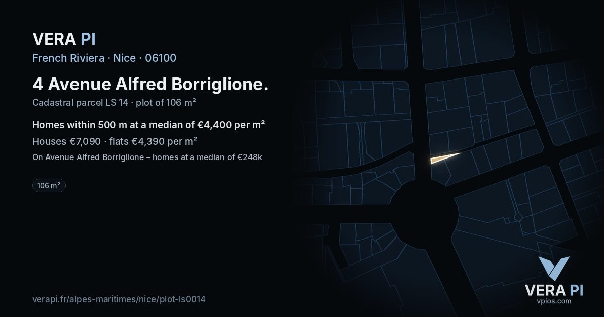 4 Avenue Alfred Borriglione, Nice at night – the plot lit, the parcels around coloured by the prices near them