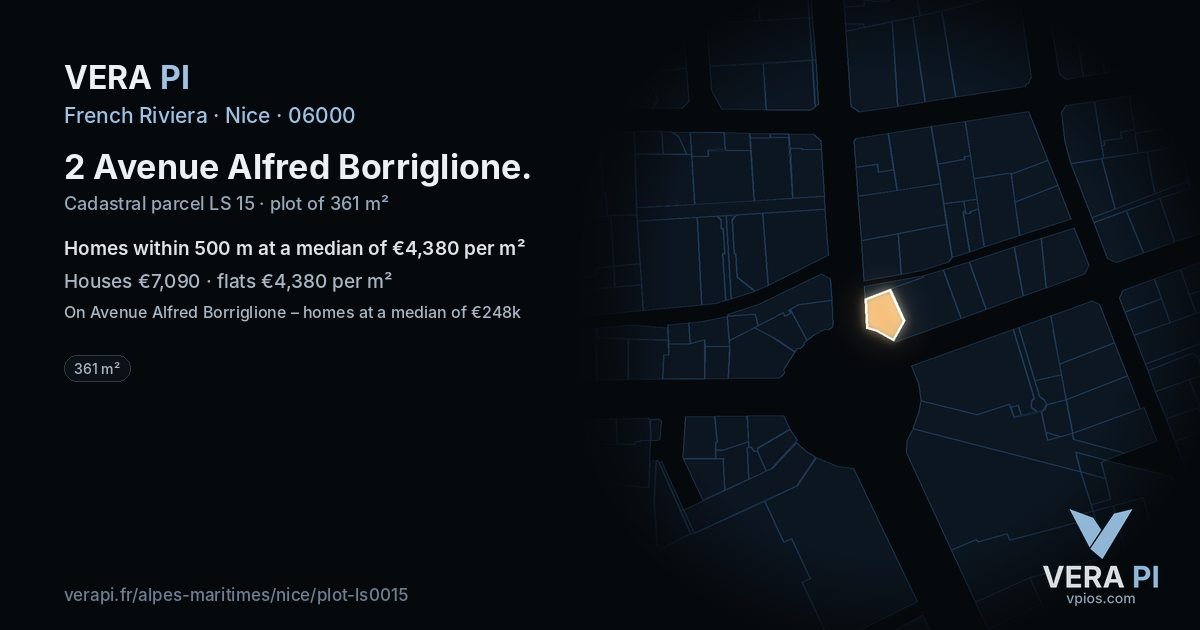 2 Avenue Alfred Borriglione, Nice at night – the plot lit, the parcels around coloured by the prices near them